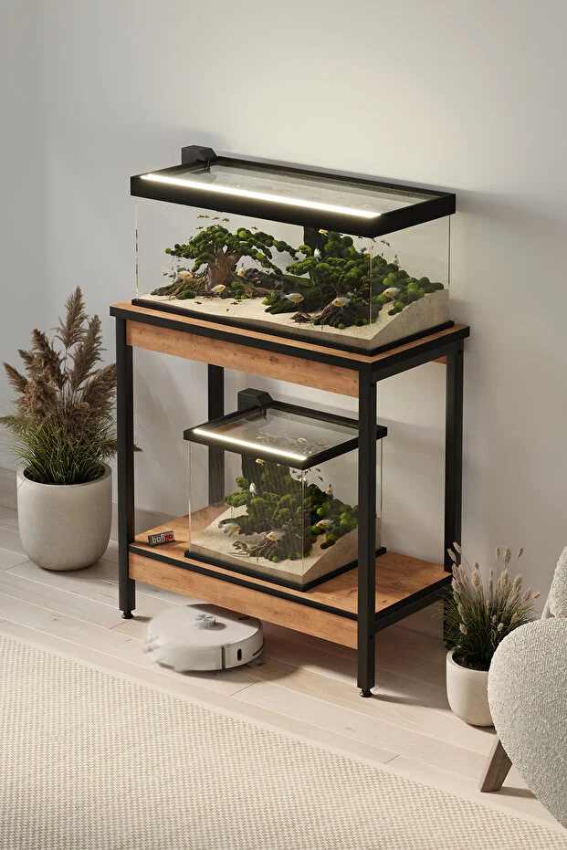 Akvaryum Sehpası Yan Sehpa Metal Ayaklı Sehpa 80 x 40 Cm Çam